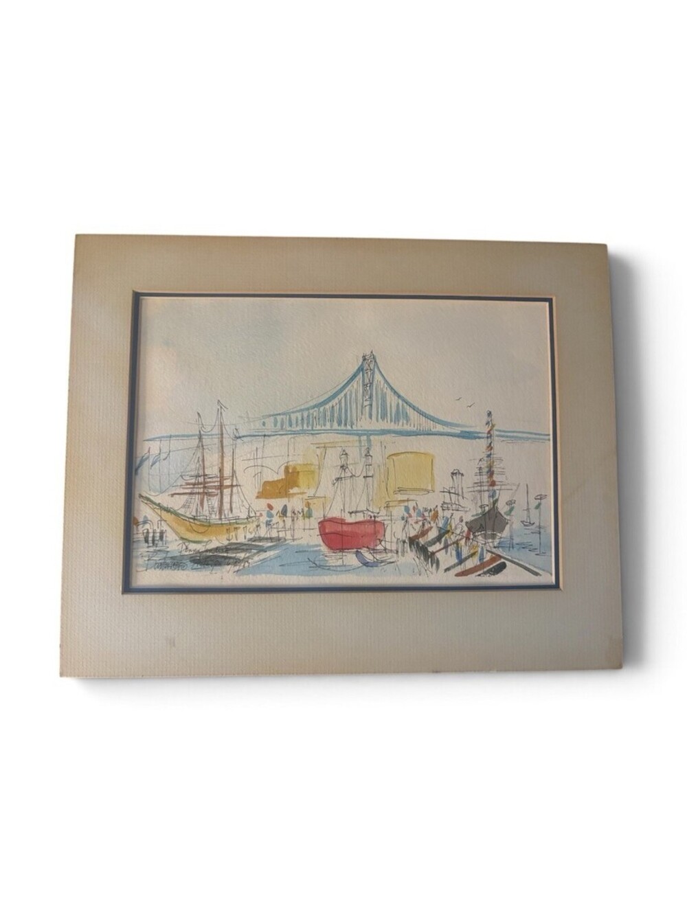 Vintage 1984 Bennard Perlman Watercolor Drawing Penn's Landing Philadelphia MCM